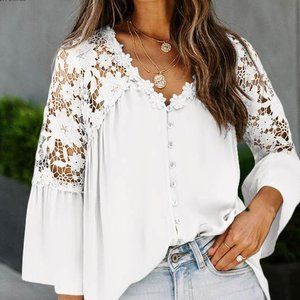 New Boho White Lace Flare Sleeve Button Front Blouse